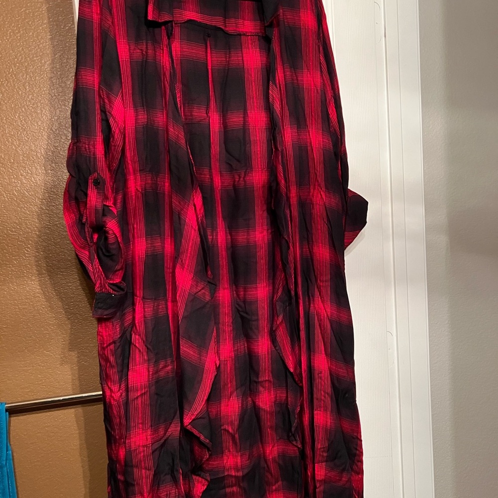 Long open duster style red and black plaid shirt
